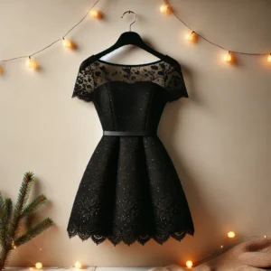 DALL·E 2024-12-09 19.27.55 - A classic little black dress (LBD) with festive detailing such as lace and subtle sequins, displayed on a minimalist hanger against a soft, neutral ba Black Short dress