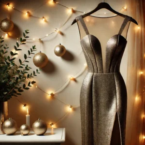 DALL·E 2024-12-09 19.28.58 - A glamorous evening gown in shimmering metallic satin fabric with a unique neckline and a thigh-high slit, displayed on a minimalist hanger. The backg Gown