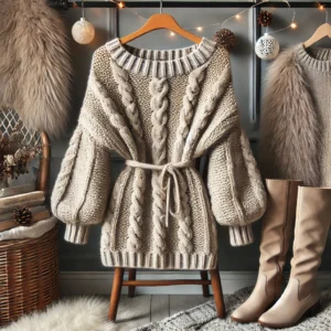 DALL·E 2024-12-09 19.30.22 - A cozy and stylish chunky knit sweater dress in a neutral tone, displayed on a hanger with a winter-themed background. The setting includes knee-high Cosy