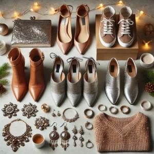 DALL·E 2024-12-09 19.30.28 - A collection of festive accessories and footwear displayed on a minimalist surface. Includes metallic heels, embellished flats, and ankle boots, along Acessories
