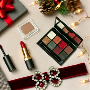 DALL·E 2024-12-09 19.31.50 - A flat lay image showcasing Christmas-themed beauty essentials and accessories. Includes a bold red lipstick, shimmering eyeshadow palette, jeweled ha Make up